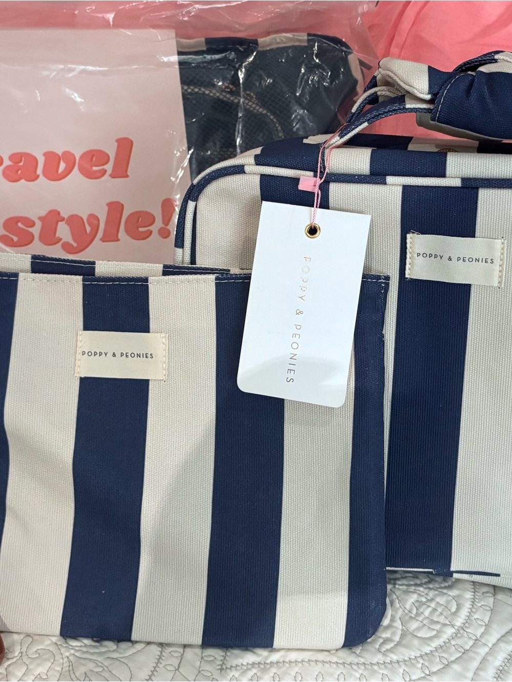 Poppy & Peonies Navy and Cream Striped Cosmetic Bag Set